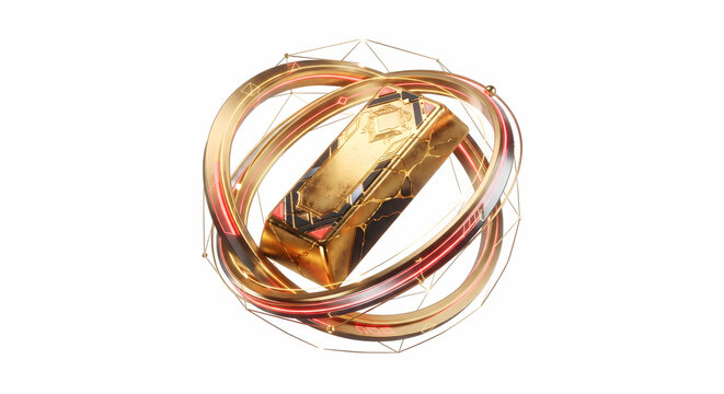 3D Gold Bullion Bar Floating in Gold Orbit Rings