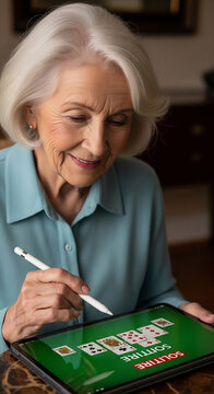 Smiling senior woman plays digital solitaire card game on tablet using white stylus pen indoors
