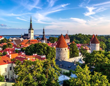 Scenic Aerial View of Tallinn Old Town Estonia with Medieval Towers Red Rooftops and St Olaf Church