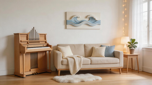 Cozy living room with piano and sofa