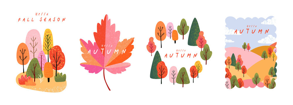 Set of trendy art style abstract autumn banner, card , label with bright beautiful leaves, plants, autumn forest landscape. Fall template for advertising, sales, web and social media, print