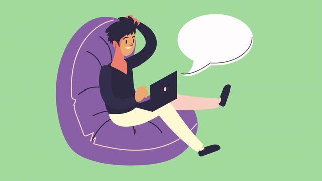 Man sitting in a purple chair working on his laptop, remote worker and modern freelance workflow concept, comfortable home office environment, minimalist vector animation loop.