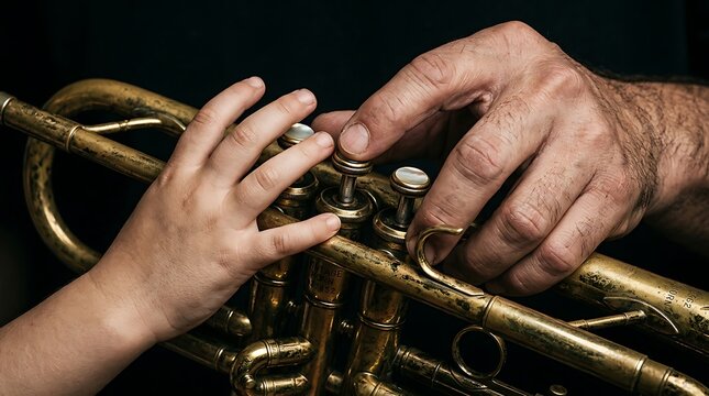 Child and Adult Hands on Vintage Brass Trumpet Valves