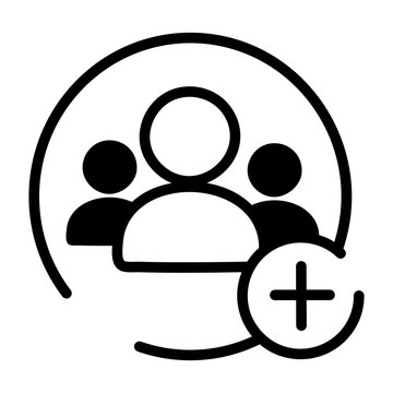 Group of users with an add symbol representing an expanding community.