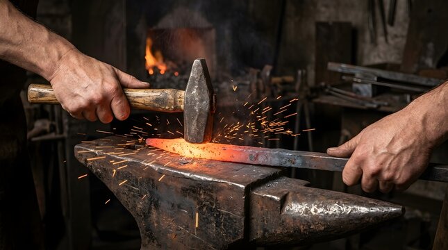 Blacksmith Forging Glowing Hot Metal on Anvil with Hammer and Flying Sparks in Workshop