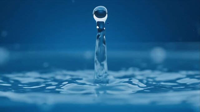 Water drop splash liquid surface blue background fintech data visualization concept macro detail purity freshness calm minimal design dynamic motion ripple clean precision tranquil abstract reflection