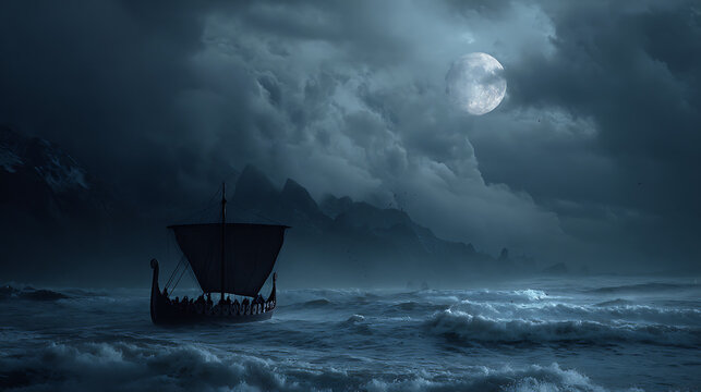 Grand ship sailing through midnight-blue water beneath a perfectly round full moon 