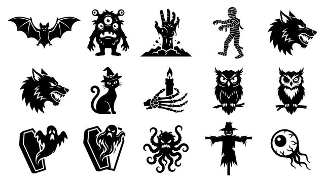 Halloween horror and spooky creature silhouette set featuring monsters ghosts zombies wolves bats and owls halloween creature