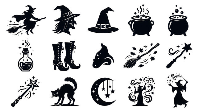 Set of halloween witch and magic icons including cauldron hat broom cat moon and magic wand silhouettes with cauldron, halloween