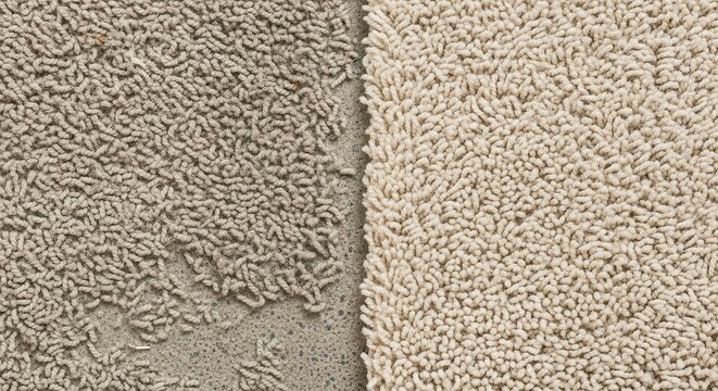 Before and After Comparison of Old Dirty Worn Carpet and New Clean Plush Carpet on Concrete Floor
