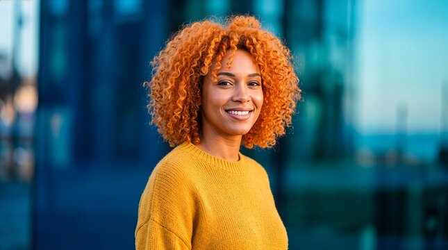Smiling Young Woman with Curly Ginger Hair in Yellow Sweater Against Modern Urban Bokeh