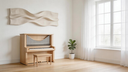 Piano in minimalist room with plant © 志恒 