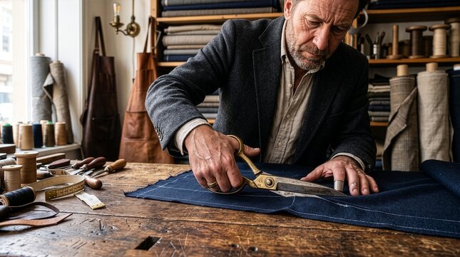 Professional Tailor Cutting Navy Blue Fabric with Vintage Shears in Artisan Workshop