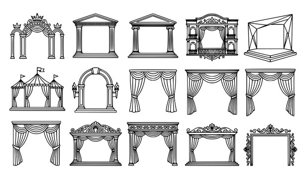 Decorative Performance Stage Frame Collection Featuring Elegant Curtains and Architectural Theater Designs