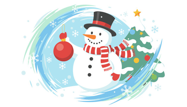 Joyful snowman wearing black top hat and red striped scarf holding Christmas ornament next to snowy pine tree.