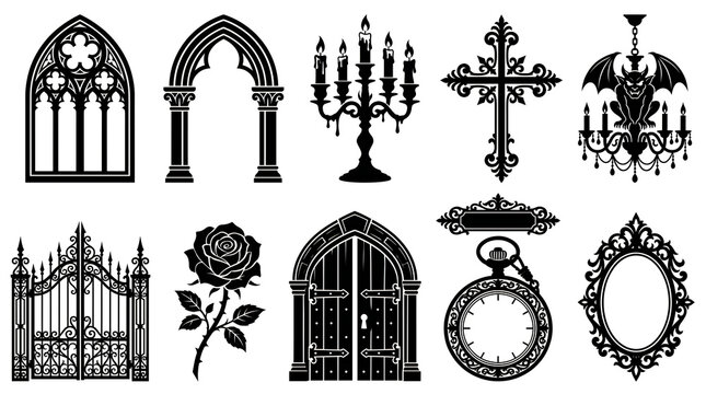 Set of gothic architecture and vintage elements with architecture candelabra chandelier silhouette illustration ornament