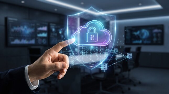 Businessman touching secure cloud computing icon with padlock and shield.