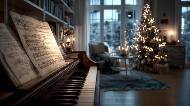 A festive living room with a piano, sheet music for Christmas carols, and a glowing tree nearby, 8k, realistic, full ultra HD, high resolution, cinematic photography