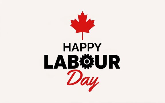 Red maple leaf celebrating Canadian Labour Day with bold typography Canadian flag symbol red text