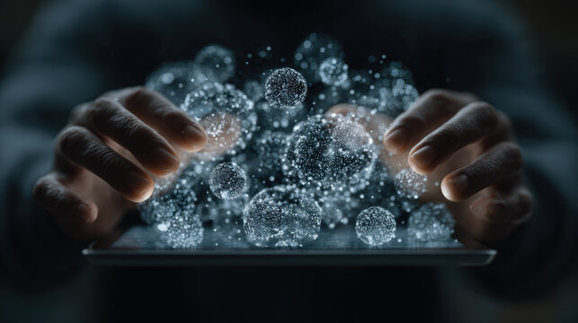 Digital technology with hands interacting with floating holographic spheres above tablet, futuristic innovation concept