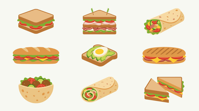 Flat design icon set of nine different sandwiches, wraps, and a salad bowl, isolated on a light background