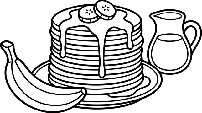 Stack of pancakes with syrup and banana slices, served with a pitcher of syrup, isolated on white.