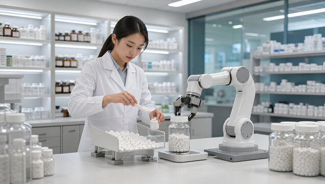 Female pharmacist laboratory robotic arm medicine automation pharmacy white coat laboratory glassware tablet production line Pharmacist laboratory