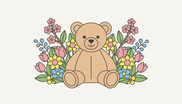 Adorable brown teddy bear sitting happily surrounded by a colorful garden of tulips and spring wildflowers.