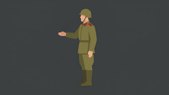 Soldier in military uniform saluting against a plain grey background