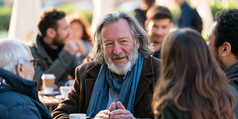 Obraz premium A smiling, bearded man with long hair and a blue scarf converses with others outdoors. He is seated at a table with coffee cups, suggesting a relaxed social gathering.