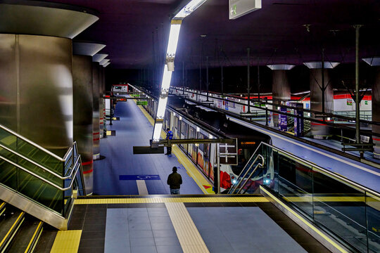 Quito, Ecuador - May 12, 2026: Metro station interior at Quitumbe in Quito, featuring platforms, escalators, and modern train infrastructure with overhead lighting