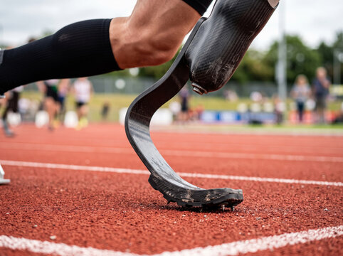 Low Angle Runner with Prosthetic Blade Leg on Running Track