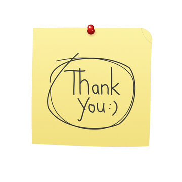 Yellow sticky note with thank you text written in handdrawn lettering isolated on white background transparent background