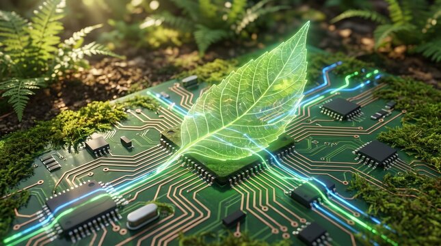 Green leaf growing from circuit board symbolizing technology and nature harmony.