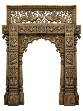 Traditional South Indian temple doorway with scalloped arch, carved pillars, bird motifs and openwork ornamental lintel