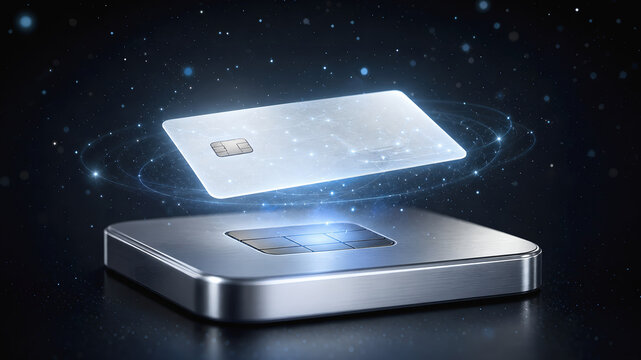 Glowing credit card digital payment contactless transaction futuristic technology online banking virtual finance cashless economy cyber security