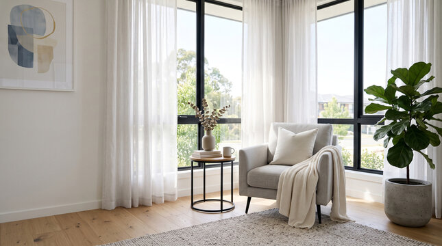 Modern living room corner with large windows and cozy seating. Stylish interior design featuring natural light and neutral decor for home staging.