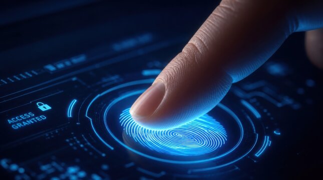 A finger scans a digital fingerprint on a futuristic interface, granting secure access through biometric authentication.