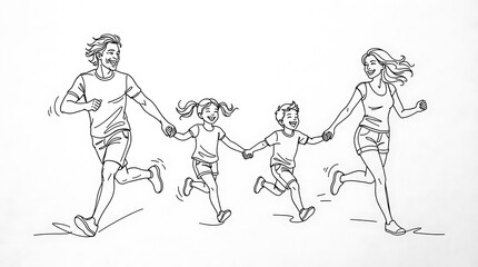 Fototapeta premium Happy Family Running Together Holding Hands Line Art Illustration on White Background