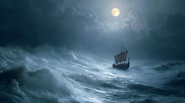 Pirate-style ship sailing under a glowing full moon, mysterious fog covering the sea 
