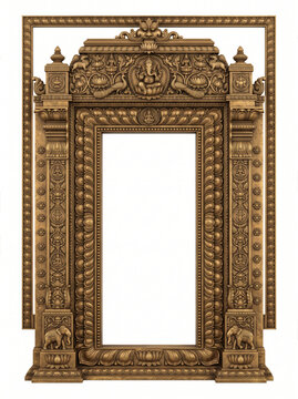 Ornate South Indian temple doorway with carved borders, sacred motifs, decorative panels and antique bronze architectural details