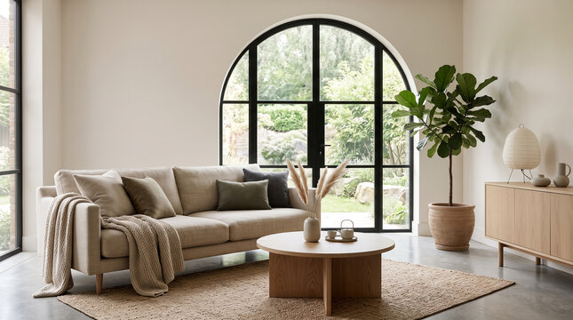Modern living room with large arched window and cozy beige sofa. Stylish neutral interior featuring natural light and minimalist decor for home sta...