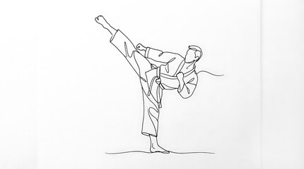 Fototapeta premium Minimalist One Line Drawing of a Karate Fighter Performing a High Kick in Martial Arts Pose