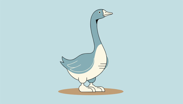 Elegant cartoon goose standing proudly in profile, rendered in blue and white tones against a pastel blue background.