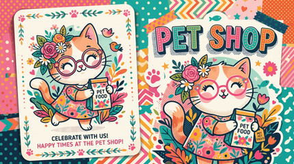 Fototapeta premium Vintage colorful pet shop advertisement with animals and toys.