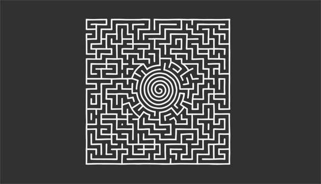 Complex square maze puzzle with white lines on dark gray background featuring circular spiral design in the center.