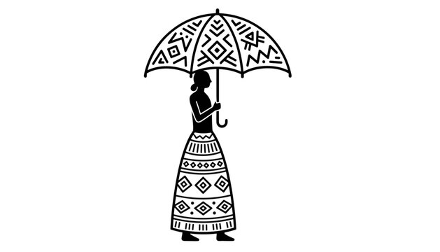 Black silhouette of a tribal woman in a decorated long skirt holding an ornamental umbrella on white background.