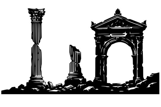 Black silhouette of classical ruins with broken Corinthian columns and triumphal arch. Bold vector artwork symbolizing history, heritage, and ancient civilization.