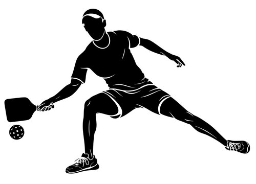Black silhouette of athlete playing pickleball with paddle and ball. Bold vector artwork symbolizing agility, sport, and dynamic motion in clean graphic style.