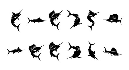 Fototapeta premium Black Silhouette Marlin and Sailfish Vector Icons, Ocean Game Fish Collection, Sport Fishing Graphics